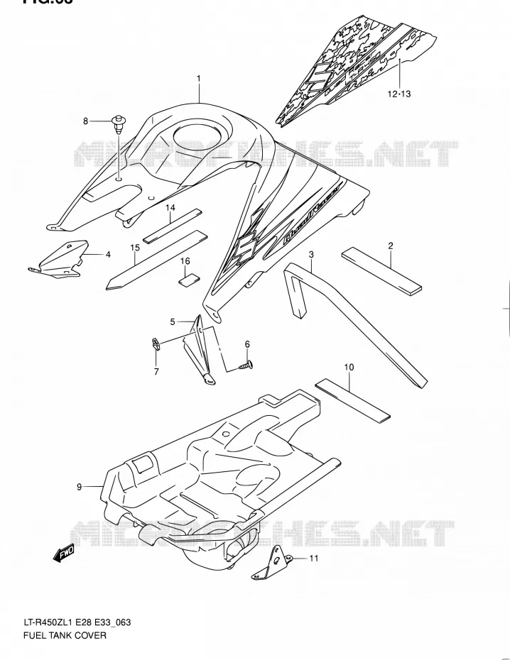 FUEL TANK - COVERS (LT-R450L1 E28) Suzuki QUAD 450 QUADRACER 2011  LT-R450 L1/LT-R450Z L1 (E03,E28,E33)