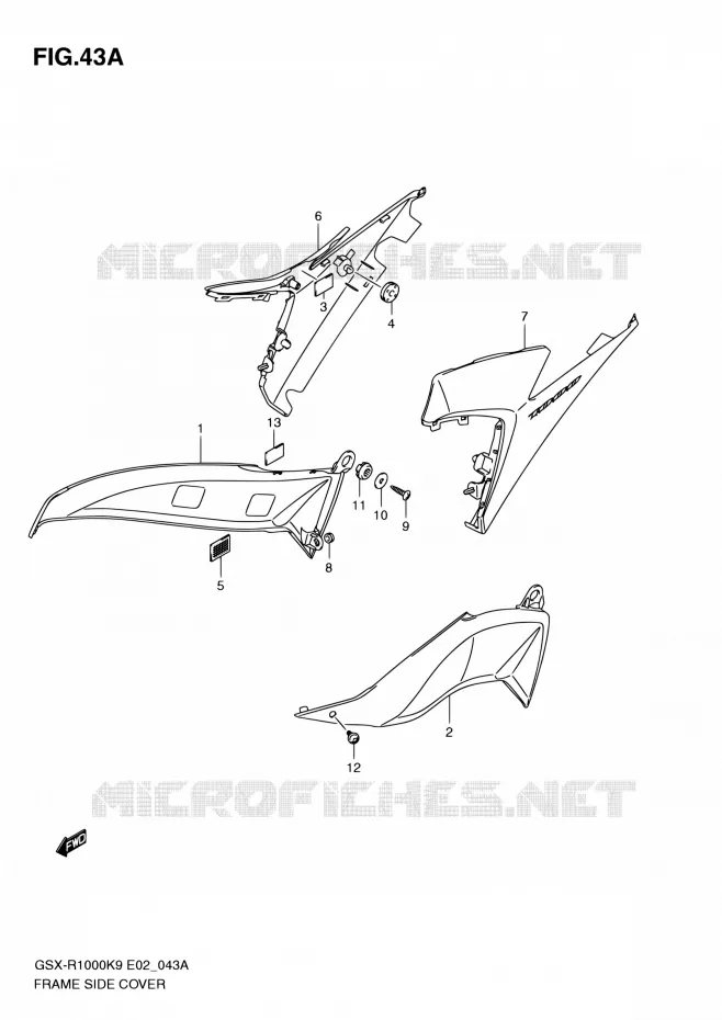 FRAME SIDE COVER (MODEL L0) Suzuki MOTO 1000 GSX-R 2010  GSX-R1000 L0/GSX-R1000Z L0 (E02,E14,E19,E24,E51,P37)