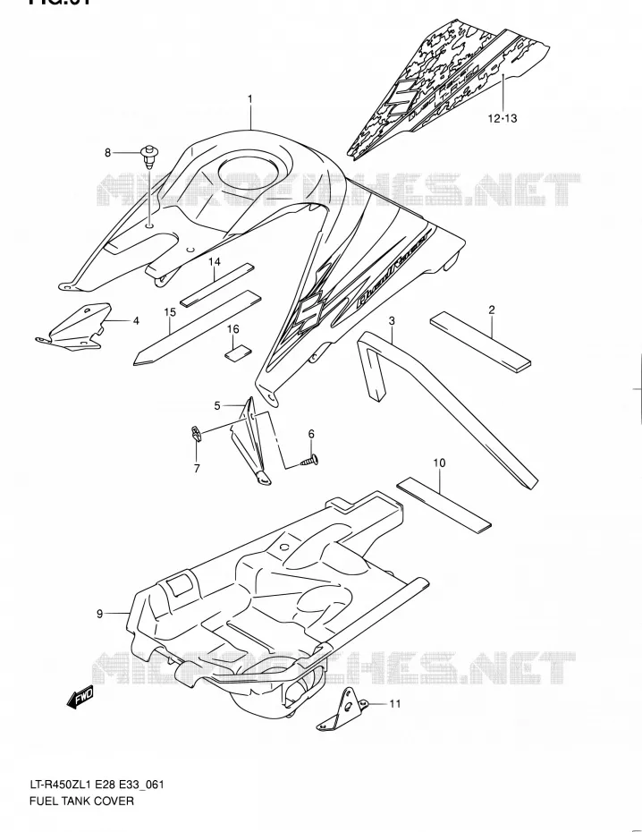 FUEL TANK - COVERS (LT-R450ZL1 E28) Suzuki QUAD 450 QUADRACER 2011  LT-R450 L1/LT-R450Z L1 (E03,E28,E33)