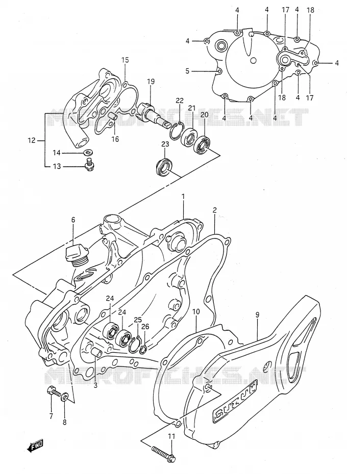 CRANKCASE COVER- WATER PUMP (MODEL K/L/M/N/P/R/S) Suzuki MOTO 80 RM 1988  RM80J(E28)