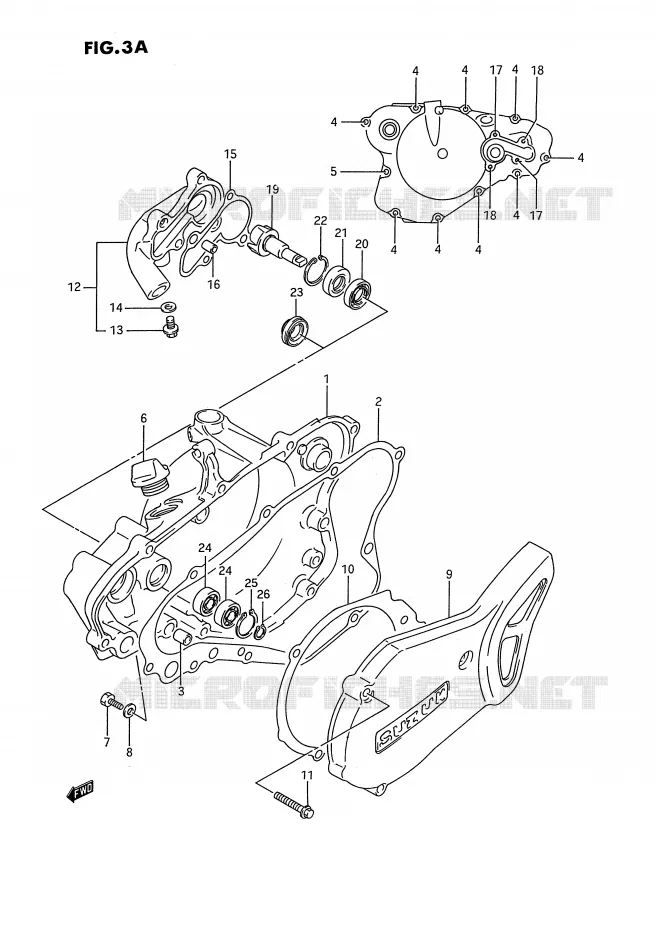 CRANKCASE COVER- WATER PUMP (MODEL K/L/M/N/P/R/S) Suzuki MOTO 80 RM 1988  RM80J(E3)