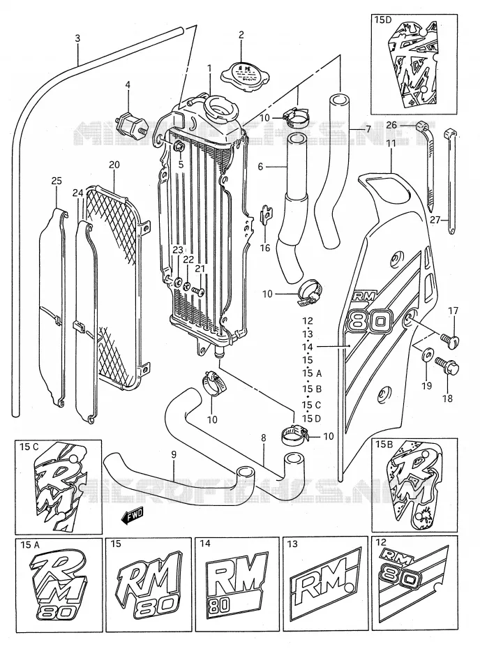 RADIATOR (MODEL G/H/J/K/L/M/N/P) Suzuki MOTO 80 RM 1987  RM80H(E28)