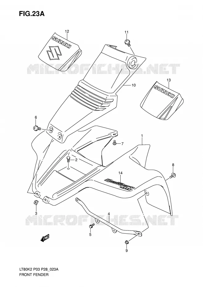 FRONT FENDER (MODEL K5/K6) Suzuki QUAD 80 QUADSPORT 2003  LT80K3(P3/P28)