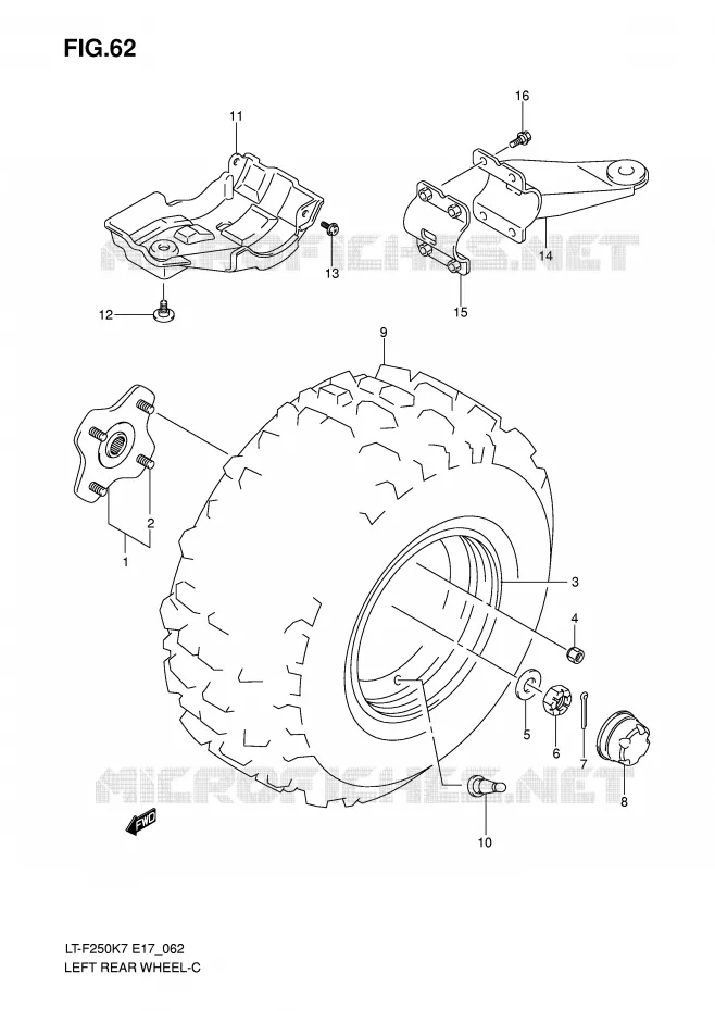 LEFT HAND REAR WHEEL Suzuki QUAD 250 OZARK 2007  LT-F250K7(E17)