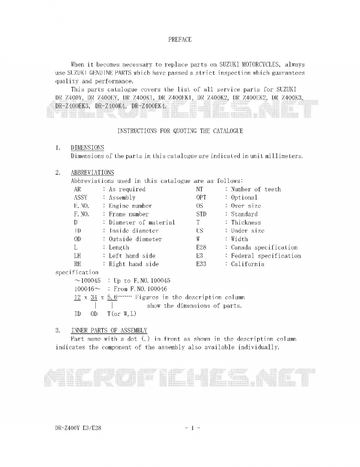 * CATALOG PREFACE * Suzuki MOTO 400 DR-Z 2004  DR-Z400EK4(E3/E28)