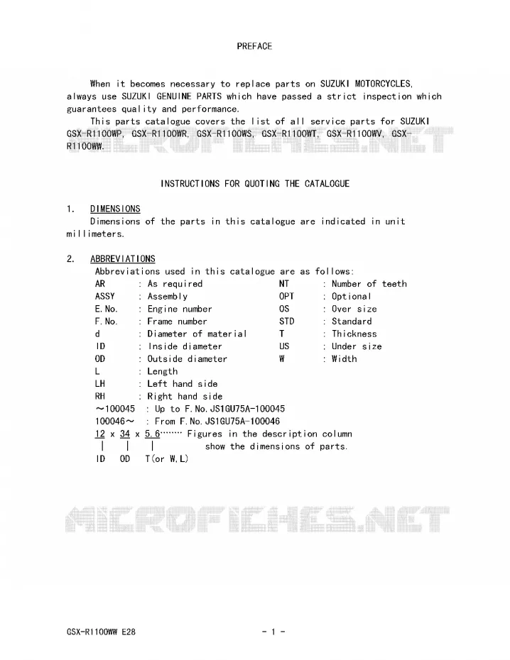 * CATALOG PREFACE * Suzuki MOTO 1100 GSX-R 1996  GSX-R1100WT(E28)