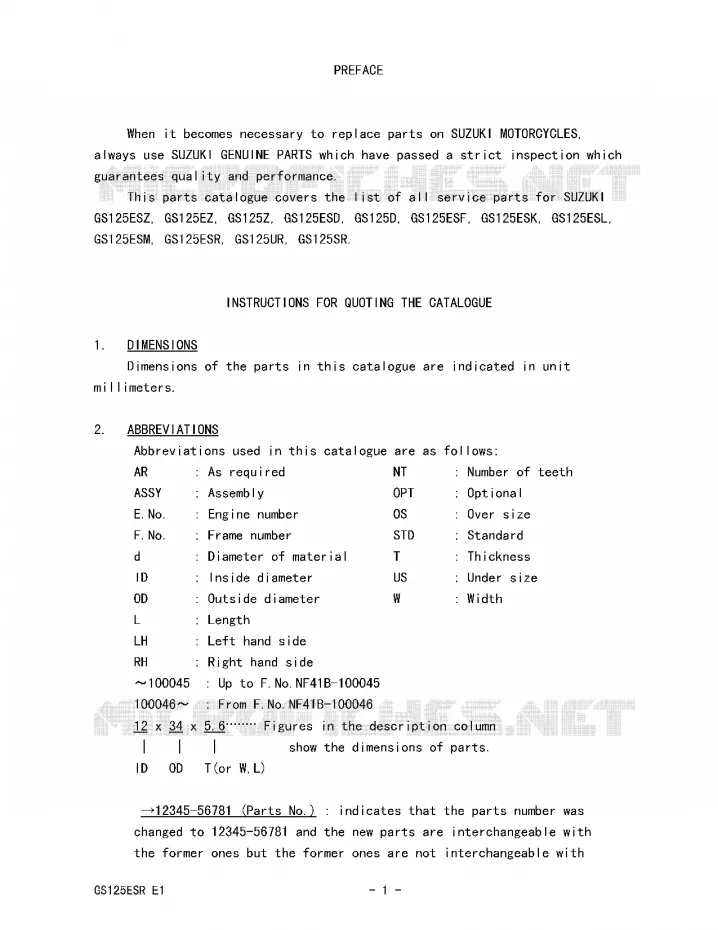 * CATALOG PREFACE * Suzuki MOTO 125 GS 1994  GS125UR(E1)
