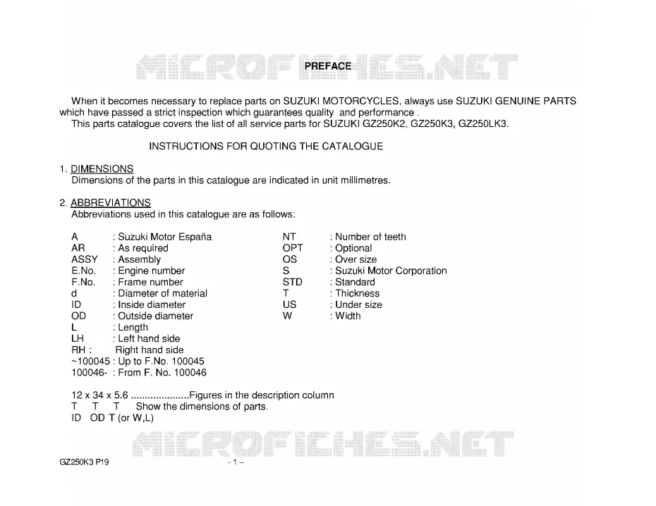 * CATALOG PREFACE * Suzuki MOTO 250 MARAUDER 2003  GZ250LK3(P19)
