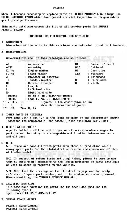 * CATALOG PREFACE * Suzuki MOTO 250 PE 1981  PE250X(T/X)