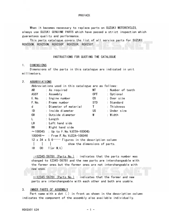 * CATALOG PREFACE * Suzuki MOTO 250 RG 1996  RGV250T(E24)