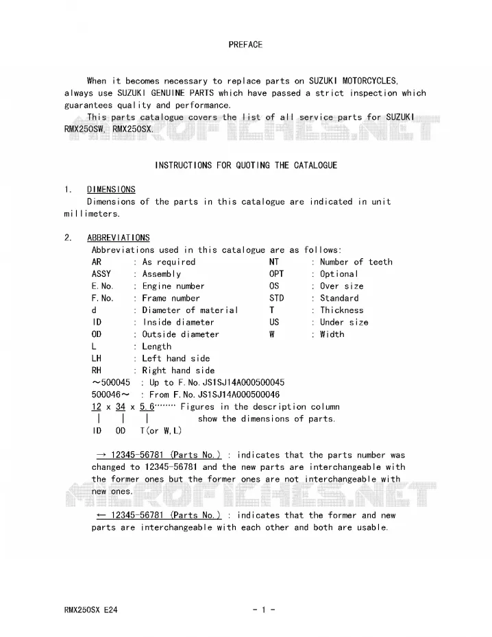 * CATALOG PREFACE * Suzuki MOTO 250 RMX 1998  RMX250SW(E24)