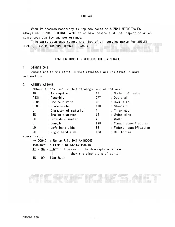 * CATALOG PREFACE * Suzuki MOTO 350 DR 1993  DR350P(E28)