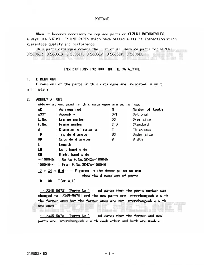 * CATALOG PREFACE * Suzuki MOTO 350 DR 1999  DR350SEX(E2)