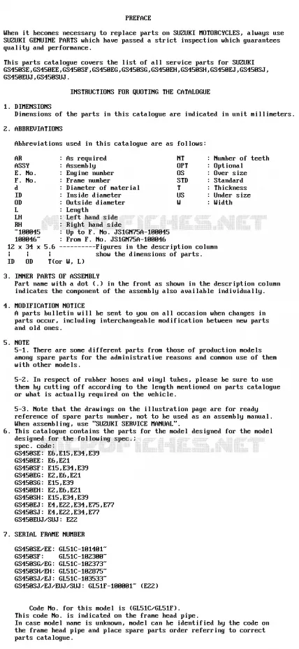 * CATALOG PREFACE * Suzuki MOTO 450 GS-E 1986  GS450EG(E/F/G/H/J)