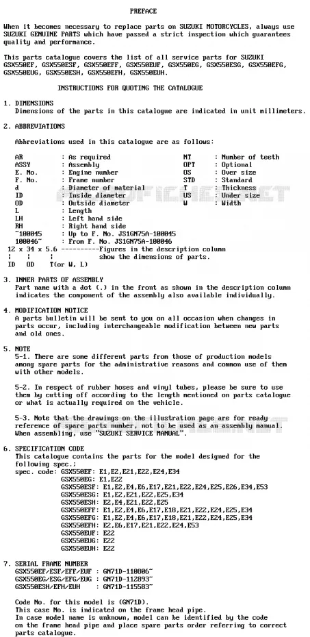 * CATALOG PREFACE * Suzuki MOTO 550 GSX-E 1985  GSX550EFF(F/G/H)