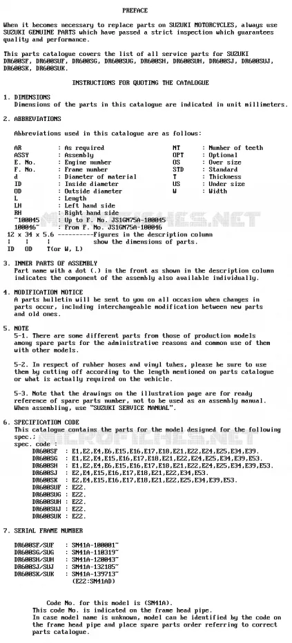 * CATALOG PREFACE * Suzuki MOTO 600 DR 1986  DR600SG(E2)