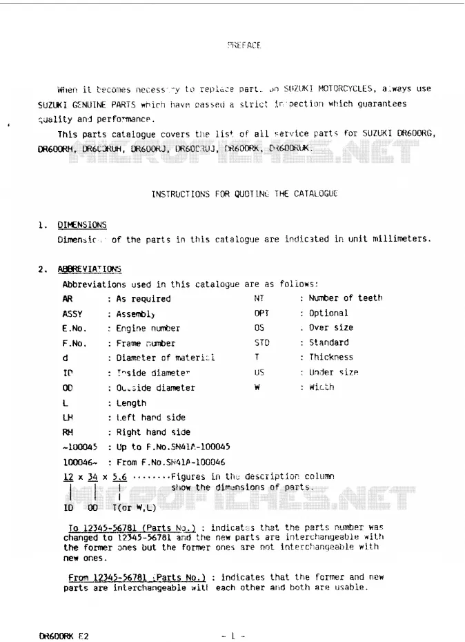 * CATALOG PREFACE * Suzuki MOTO 600 DR 1987  DR600RUH(E2)
