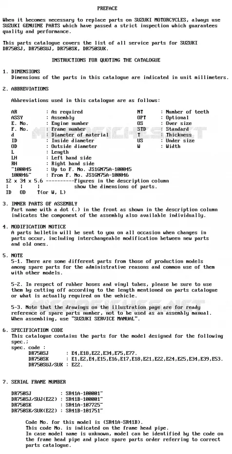 * CATALOG PREFACE * Suzuki MOTO 750 DR 1988  DR750SJ(J/K)