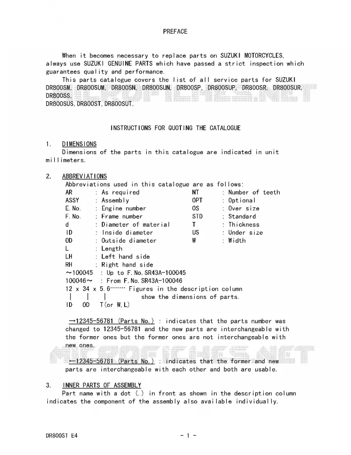 * CATALOG PREFACE * Suzuki MOTO 800 DR 1991  DR800SM(E4)