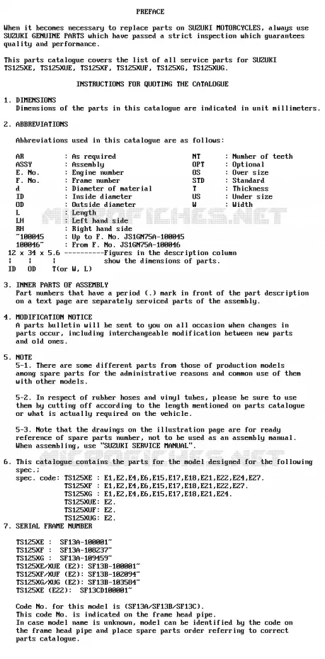 * CATALOG PREFACE * Suzuki MOTO 125 TS-X 1984  TS125XUE(E/F/G)