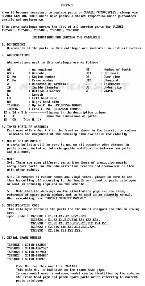 * CATALOG PREFACE * Suzuki MOTO 250 TS-X 1987  TS250XH(E/G/H/J/K)
