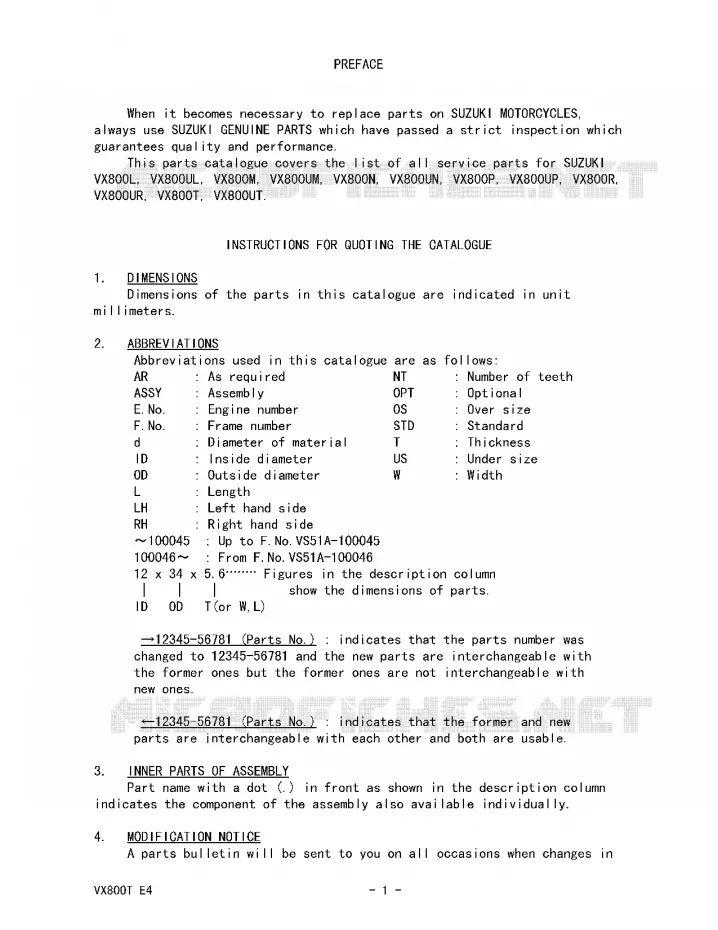 * CATALOG PREFACE * Suzuki MOTO 800 VX 1994  VX800R(E4)