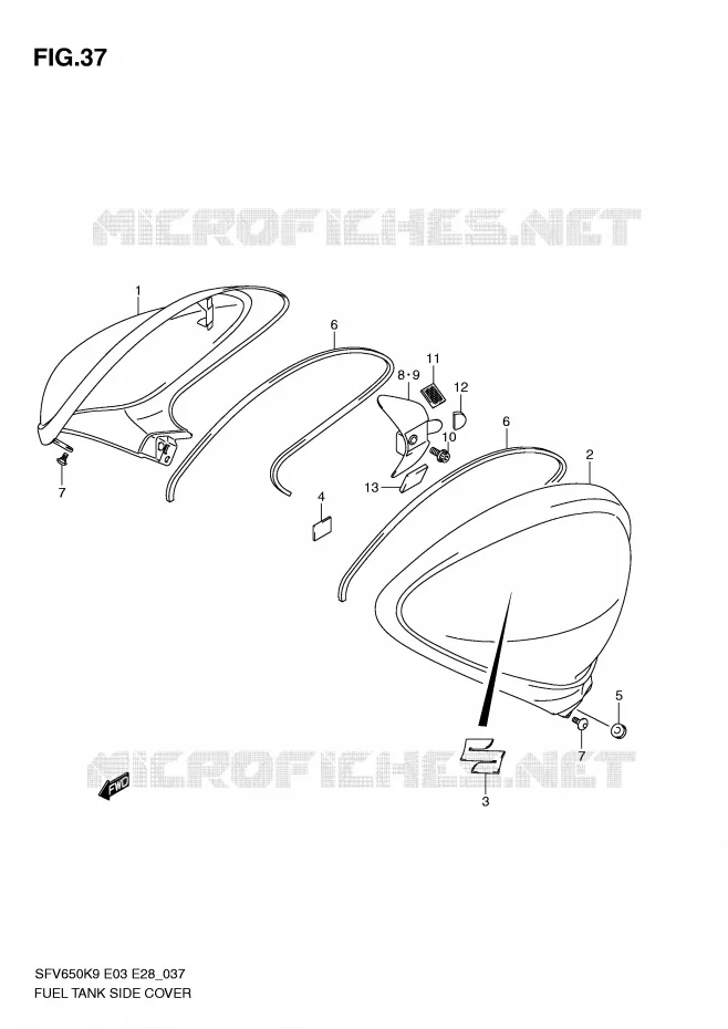 FUEL TANK SIDE COVER (MODEL K9) Suzuki MOTO 650 GLADIUS 2010  SFV650AL0(E3/E28)