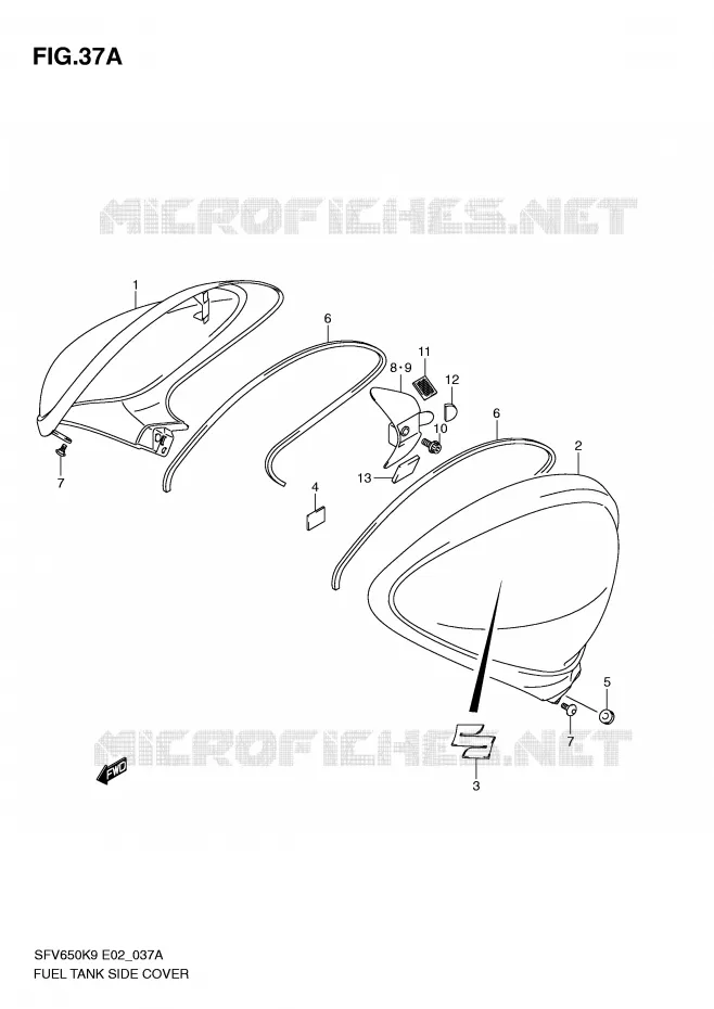 FUEL TANK SIDE COVER (MODEL L0) Suzuki MOTO 650 GLADIUS 2010  SFV650UAL0(E2)