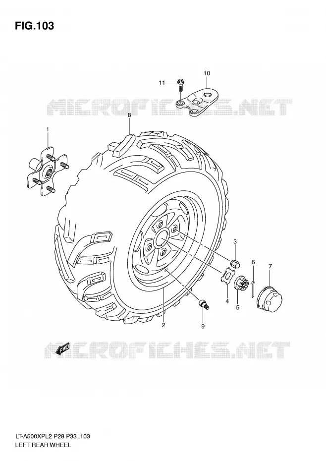 LEFT HAND REAR WHEEL (LT-A500XPL2 P33) Suzuki QUAD 500 KINGQUAD 2012  LT-A500XPL2(P28)
