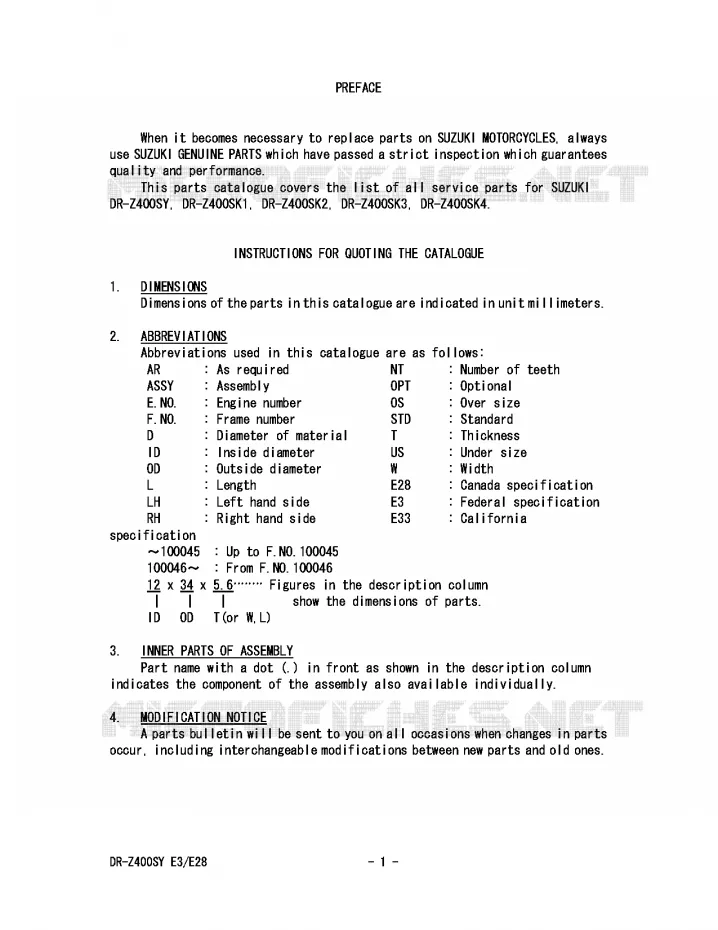 * CATALOG PREFACE * Suzuki MOTO 400 DR-Z 2004  DR-Z400SK4(E3/E28)