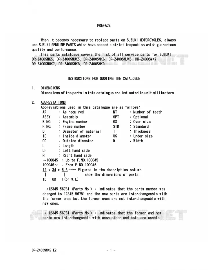 * CATALOG PREFACE * Suzuki MOTO 400 DR-Z 2005  DR-Z400SMUK5(E2)