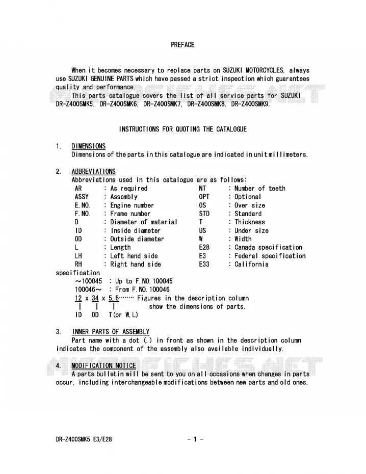 * CATALOG PREFACE * Suzuki MOTO 400 DR-Z 2008  DR-Z400SMK8(E3/E28)
