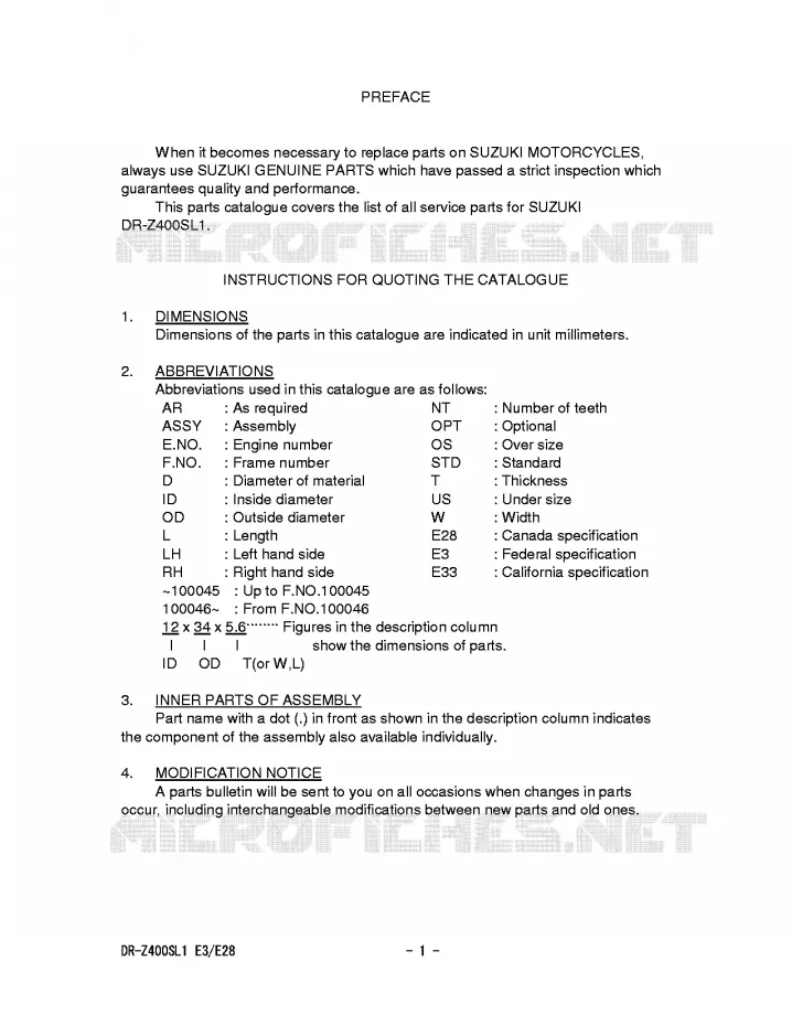 * CATALOG PREFACE * Suzuki MOTO 400 DR-Z 2011  DR-Z400SL1(E3/E28)