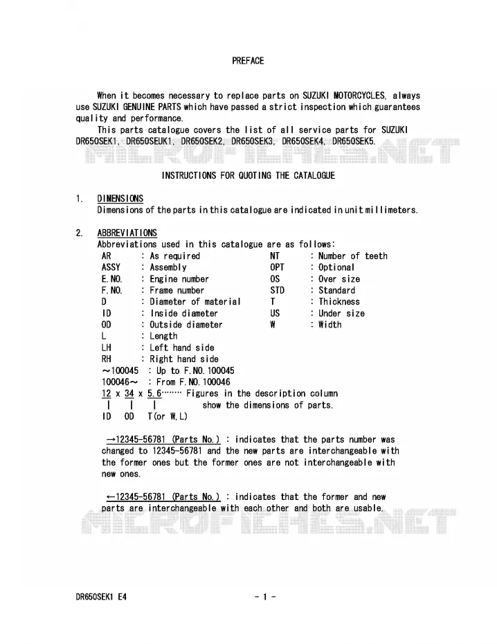 * CATALOG PREFACE * Suzuki MOTO 650 DR 2003  DR650SEK3(E4)