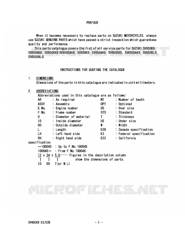 * CATALOG PREFACE * Suzuki MOTO 650 SV 2008  SV650SAK8(E3/E28)