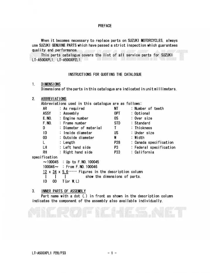 * CATALOG PREFACE * Suzuki QUAD 500 KINGQUAD 2011  LT-A500XPL1(P28/P33)