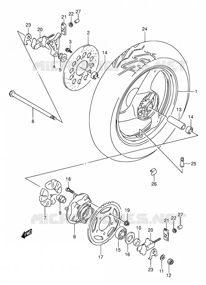 REAR WHEEL Suzuki MOTO 500 GS-E 1994  GS500E R/GS500EU R (E02,E04,P09,E18,E21,E22,E24,E25,E34,E37,E39,E53)