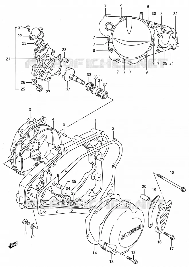 CRANKCASE COVER - WATER PUMP (MODELE L/M/N/P/R) Suzuki MOTO 250 RMX 1991  RMX250 M (E03,E28,E33)