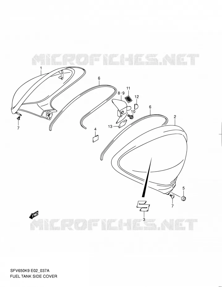 FUEL TANK SIDE COVER (MODEL L0) Suzuki MOTO 650 GLADIUS 2010  SFV650AL0(E24)